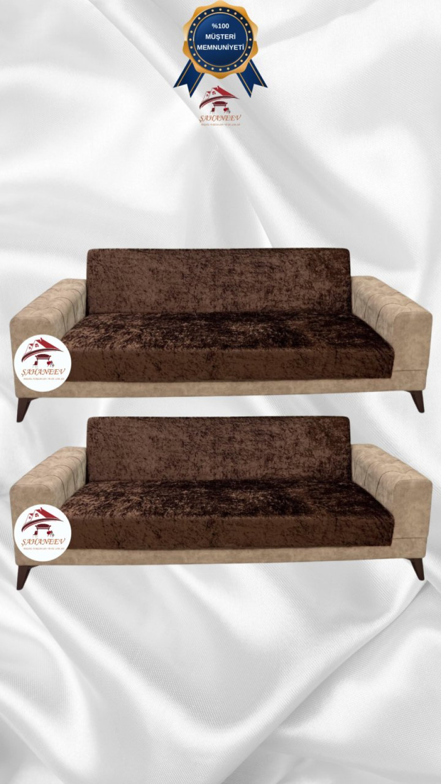 Parlak Kadife Kolsuz Koltuk Örtüsü - Işıltılı Geometrik Desenli Koruyucu Kahverengi Renk 3+3 (2 Parça Set)