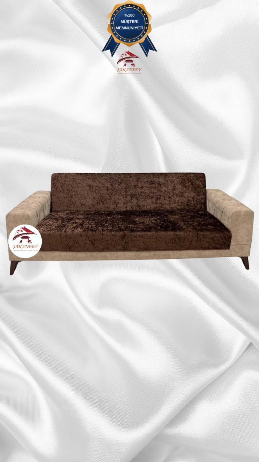 Parlak Kadife Kolsuz Koltuk Örtüsü - Işıltılı Geometrik Desenli Koruyucu Kahverengi Renk 3'lü Set (1 Parça)