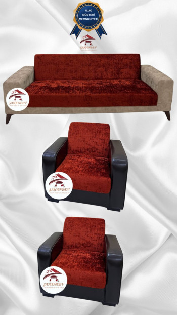 Parlak Kadife Kolsuz Koltuk Örtüsü - Işıltılı Geometrik Desenli Koruyucu Kiremit Renk 3+1+1 (3 Parça Set)