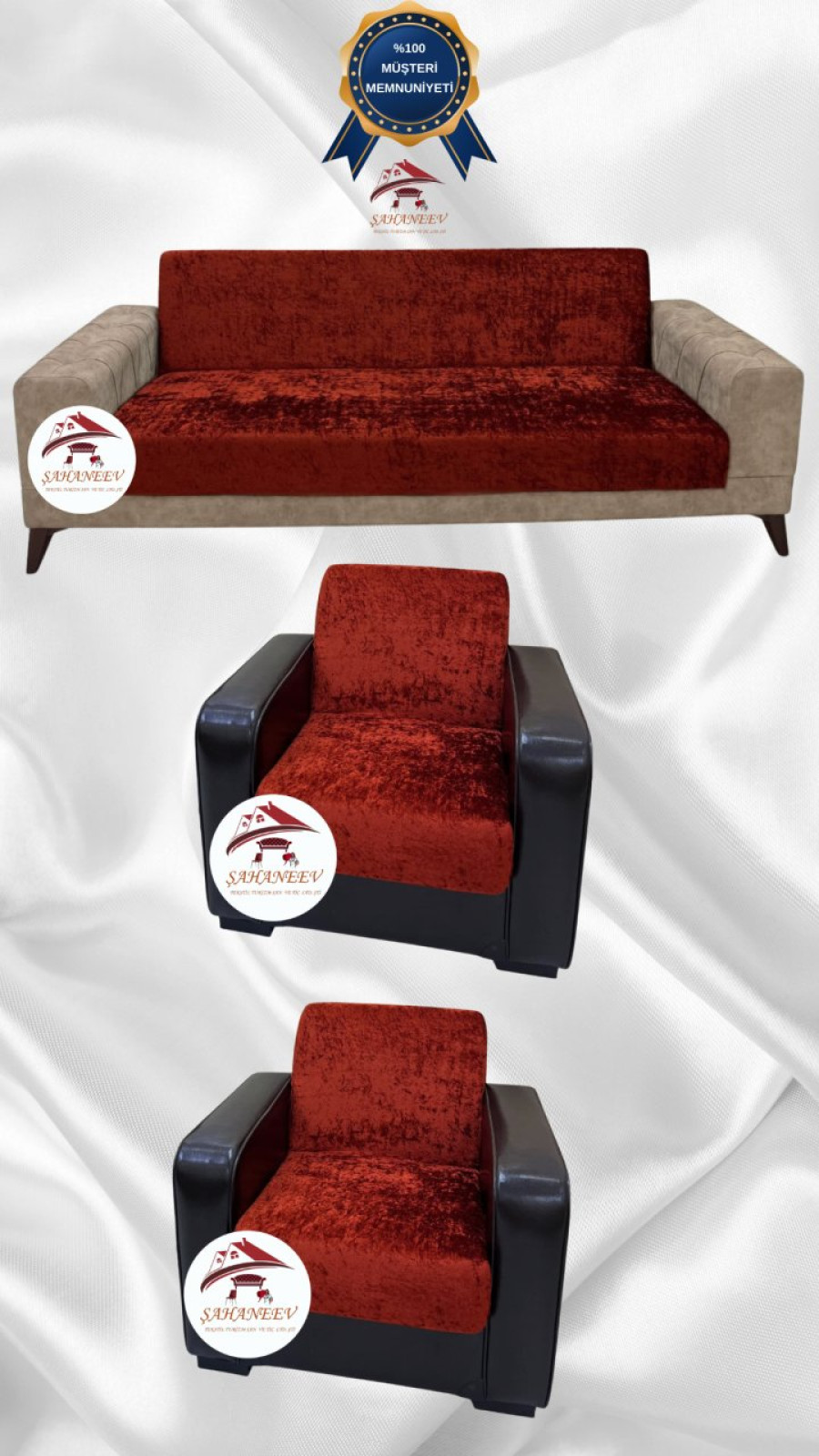 Parlak Kadife Kolsuz Koltuk Örtüsü - Işıltılı Geometrik Desenli Koruyucu Kiremit Renk 3+1+1 (3 Parça Set) Özel Ölçü