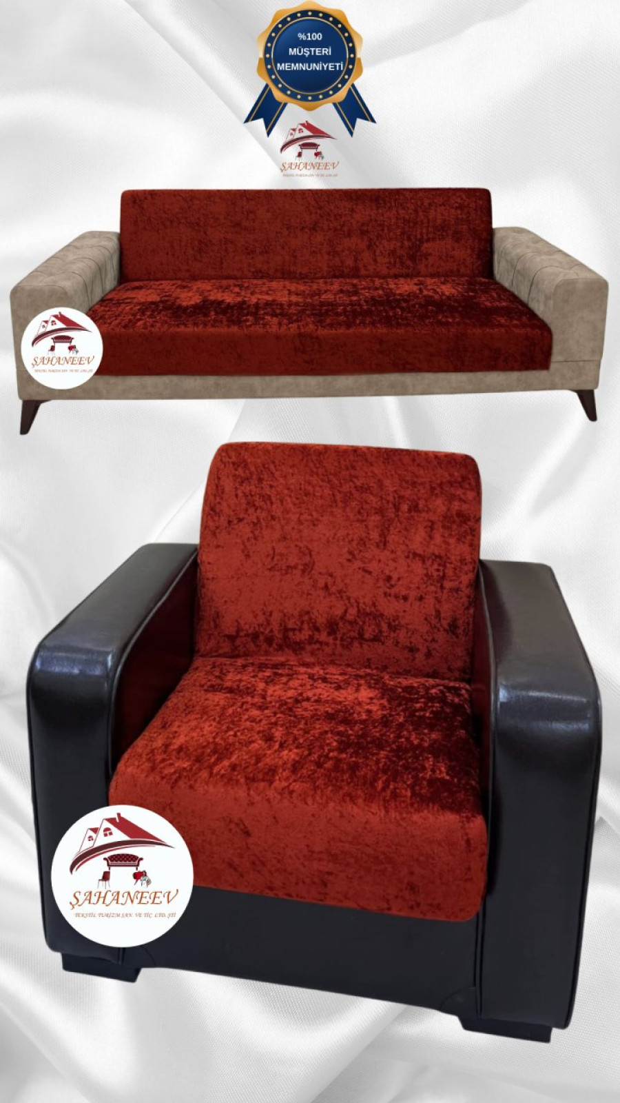 Parlak Kadife Kolsuz Koltuk Örtüsü - Işıltılı Geometrik Desenli Koruyucu Kiremit Renk 3+1 (2 Parça Set)