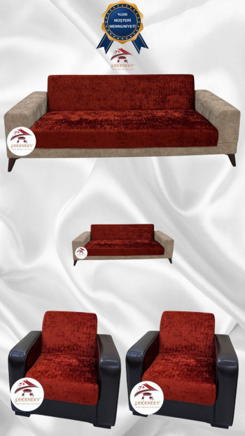 Parlak Kadife Kolsuz Koltuk Örtüsü - Işıltılı Geometrik Desenli Koruyucu Kiremit Renk 3+2+1+1 (4 Parça Set)