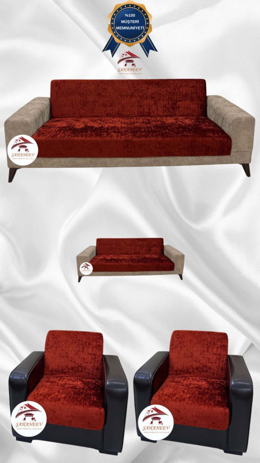 Parlak Kadife Kolsuz Koltuk Örtüsü - Işıltılı Geometrik Desenli Koruyucu Kiremit Renk 3+2+1+1 (4 Parça Set) Özel Ölçü