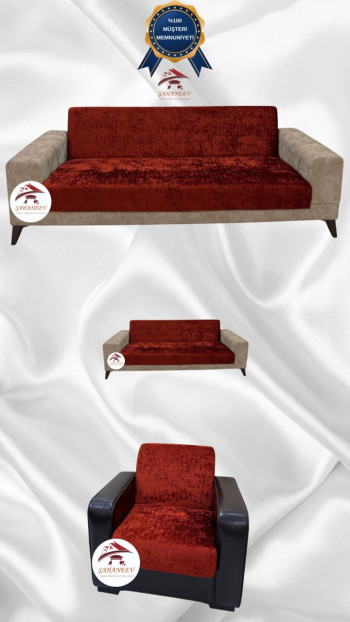 Parlak Kadife Kolsuz Koltuk Örtüsü - Işıltılı Geometrik Desenli Koruyucu Kiremit Renk 3+2+1 (3 Parça Set)