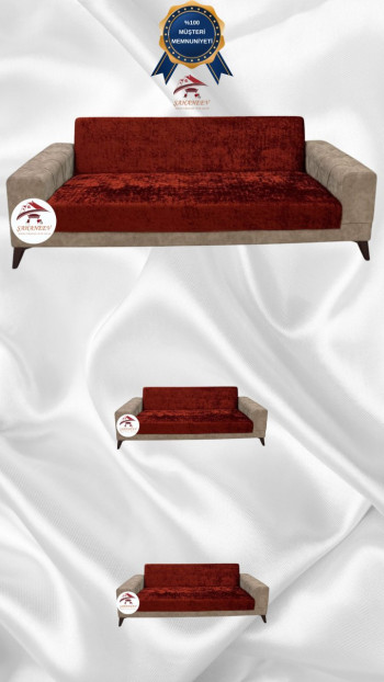 Parlak Kadife Kolsuz Koltuk Örtüsü - Işıltılı Geometrik Desenli Koruyucu Kiremit Renk 3+2+2 (3 Parça Set)