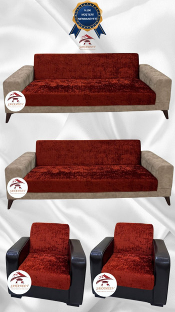 Parlak Kadife Kolsuz Koltuk Örtüsü - Işıltılı Geometrik Desenli Koruyucu Kiremit Renk 3+3+1+1 (4 Parça Set)