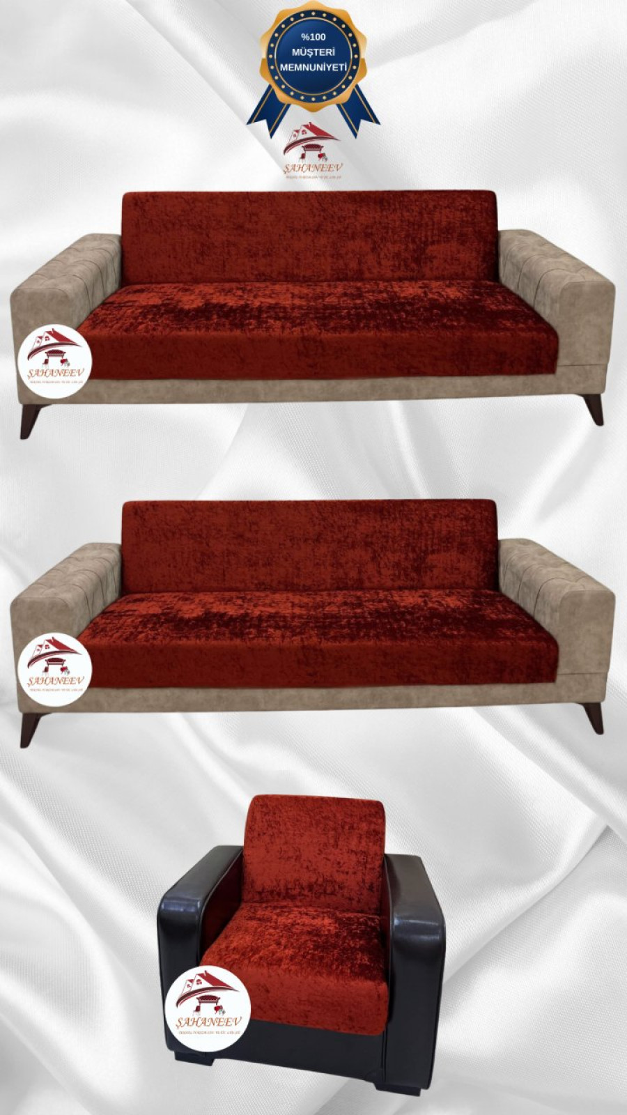 Parlak Kadife Kolsuz Koltuk Örtüsü - Işıltılı Geometrik Desenli Koruyucu Kiremit Renk 3+3+1 (3 Parça Set)