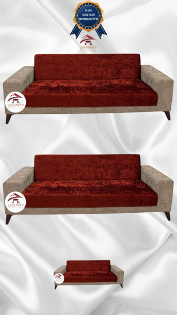 Parlak Kadife Kolsuz Koltuk Örtüsü - Işıltılı Geometrik Desenli Koruyucu Kiremit Renk 3+3+2 (3 Parça Set)
