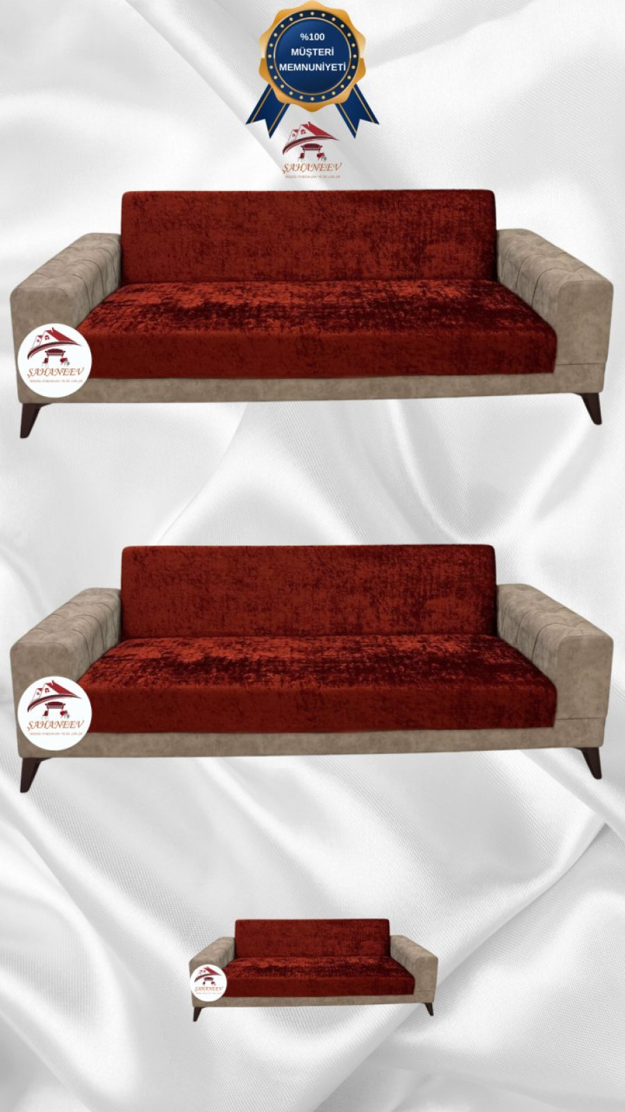 Parlak Kadife Kolsuz Koltuk Örtüsü - Işıltılı Geometrik Desenli Koruyucu Kiremit Renk 3+3+2 (3 Parça Set)