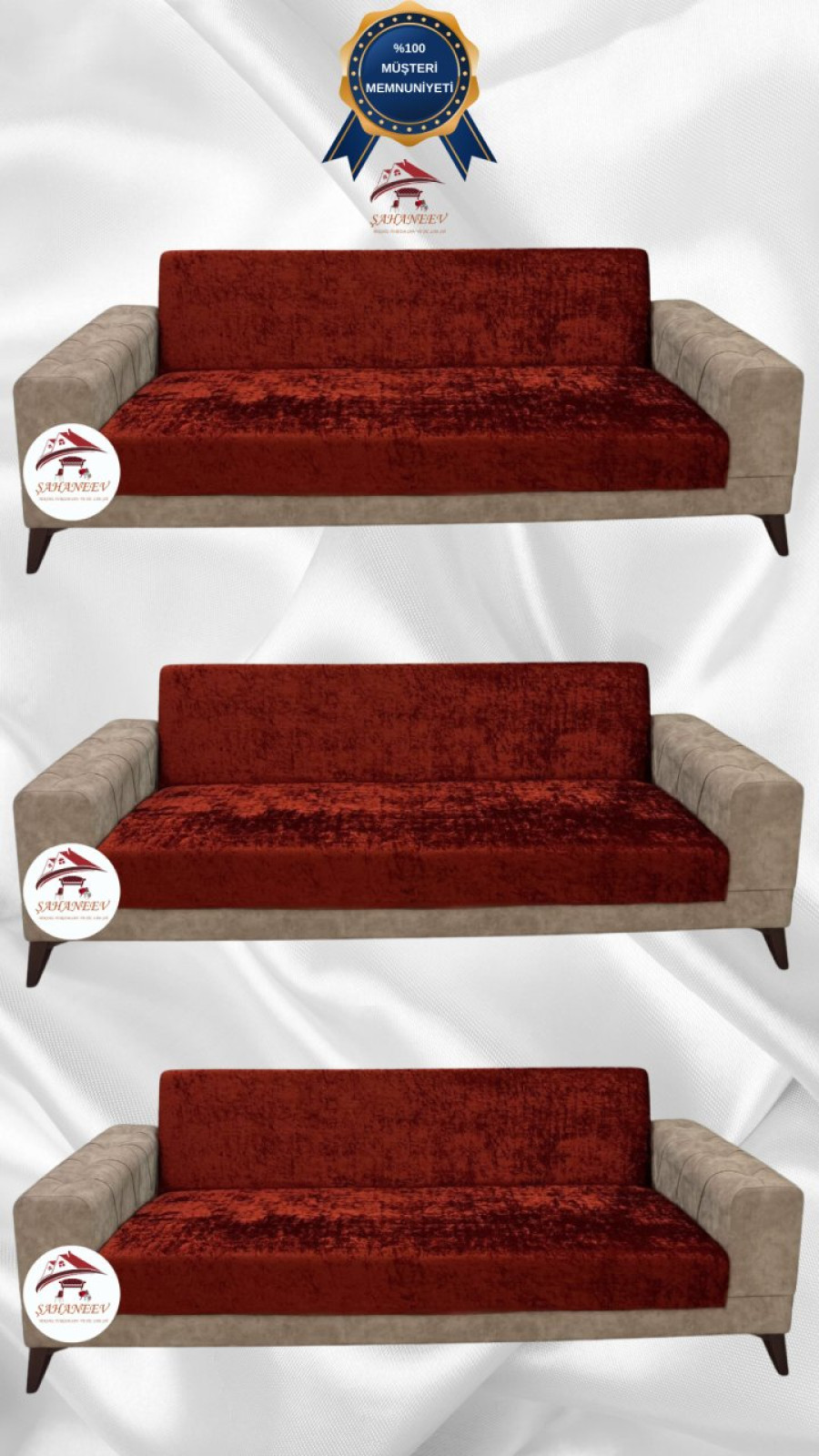 Parlak Kadife Kolsuz Koltuk Örtüsü - Işıltılı Geometrik Desenli Koruyucu Kiremit Renk 3+3+3 (3 Parça Set)