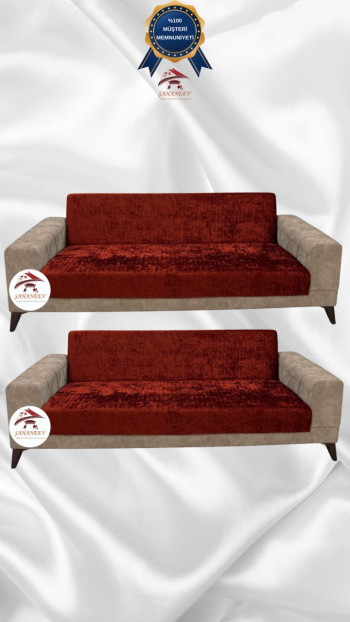 Parlak Kadife Kolsuz Koltuk Örtüsü - Işıltılı Geometrik Desenli Koruyucu Kiremit Renk 3+3 (2 Parça Set)