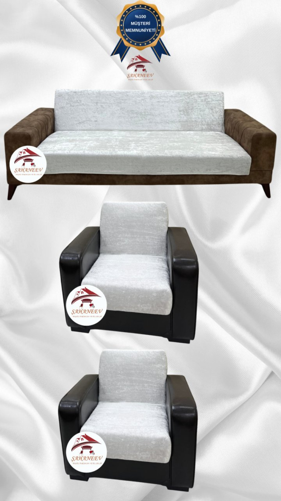 Parlak Kadife Kolsuz Koltuk Örtüsü - Işıltılı Geometrik Desenli Koruyucu Krem Renk 3+1+1 (3 Parça Set) Özel Ölçü