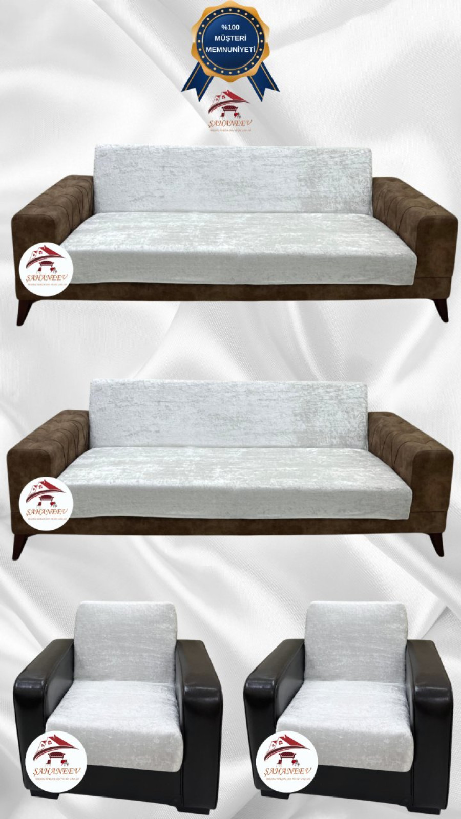 Parlak Kadife Kolsuz Koltuk Örtüsü - Işıltılı Geometrik Desenli Koruyucu Krem Renk 3+3+1+1 (4 Parça Set)