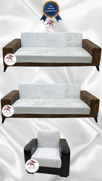 Parlak Kadife Kolsuz Koltuk Örtüsü - Işıltılı Geometrik Desenli Koruyucu Krem Renk 3+3+1 (3 Parça Set)
