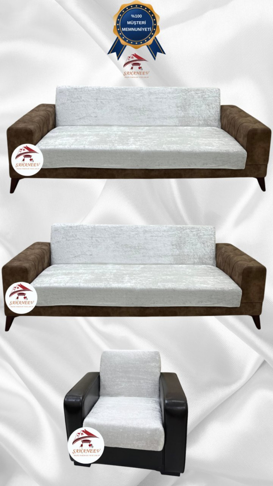 Parlak Kadife Kolsuz Koltuk Örtüsü - Işıltılı Geometrik Desenli Koruyucu Krem Renk 3+3+1 (3 Parça Set)