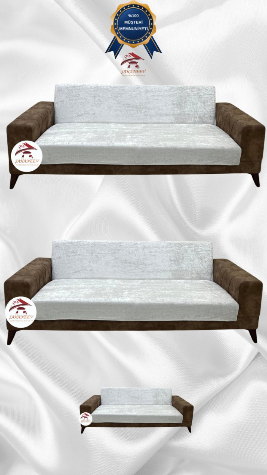 Parlak Kadife Kolsuz Koltuk Örtüsü - Işıltılı Geometrik Desenli Koruyucu Krem Renk 3+3+2 (3 Parça Set) Özel Ölçü