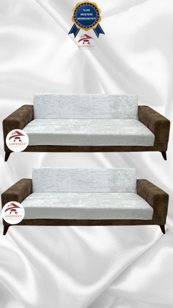Parlak Kadife Kolsuz Koltuk Örtüsü - Işıltılı Geometrik Desenli Koruyucu Krem Renk 3+3 (2 Parça Set)
