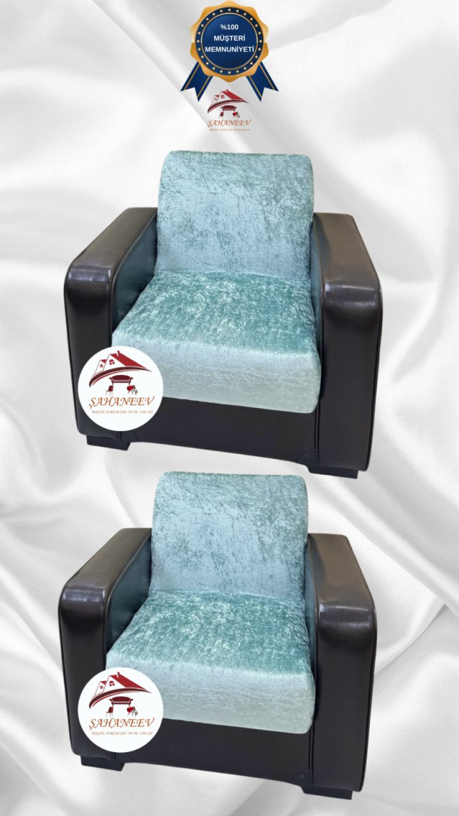 Parlak Kadife Kolsuz Koltuk Örtüsü - Işıltılı Geometrik Desenli Koruyucu Mint Renk 1+1 (2 Parça Set)