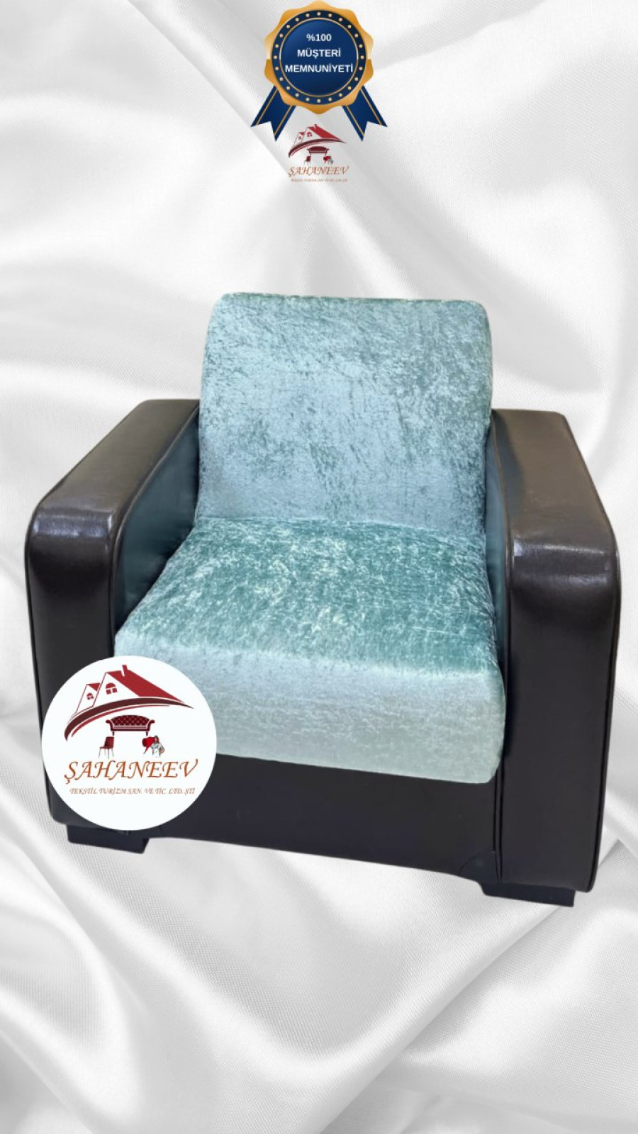 Parlak Kadife Kolsuz Koltuk Örtüsü - Işıltılı Geometrik Desenli Koruyucu Mint Renk Tekli (1 Parça)