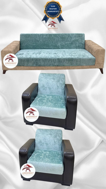Parlak Kadife Kolsuz Koltuk Örtüsü - Işıltılı Geometrik Desenli Koruyucu Mint Renk 3+1+1 (3 Parça Set)