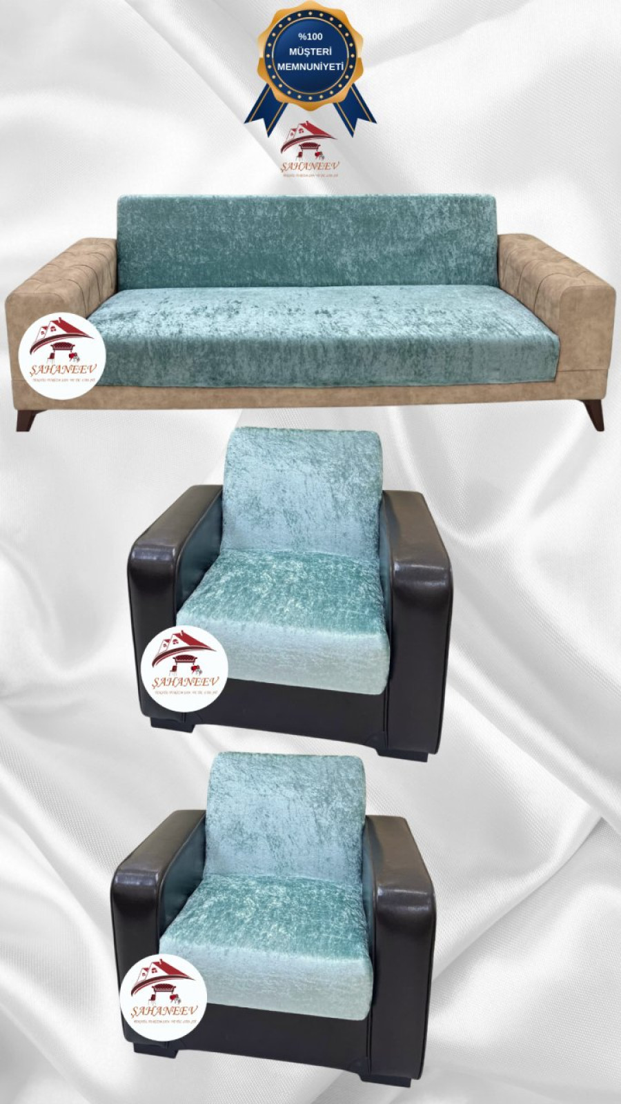 Parlak Kadife Kolsuz Koltuk Örtüsü - Işıltılı Geometrik Desenli Koruyucu Mint Renk 3+1+1 (3 Parça Set) Özel Ölçü