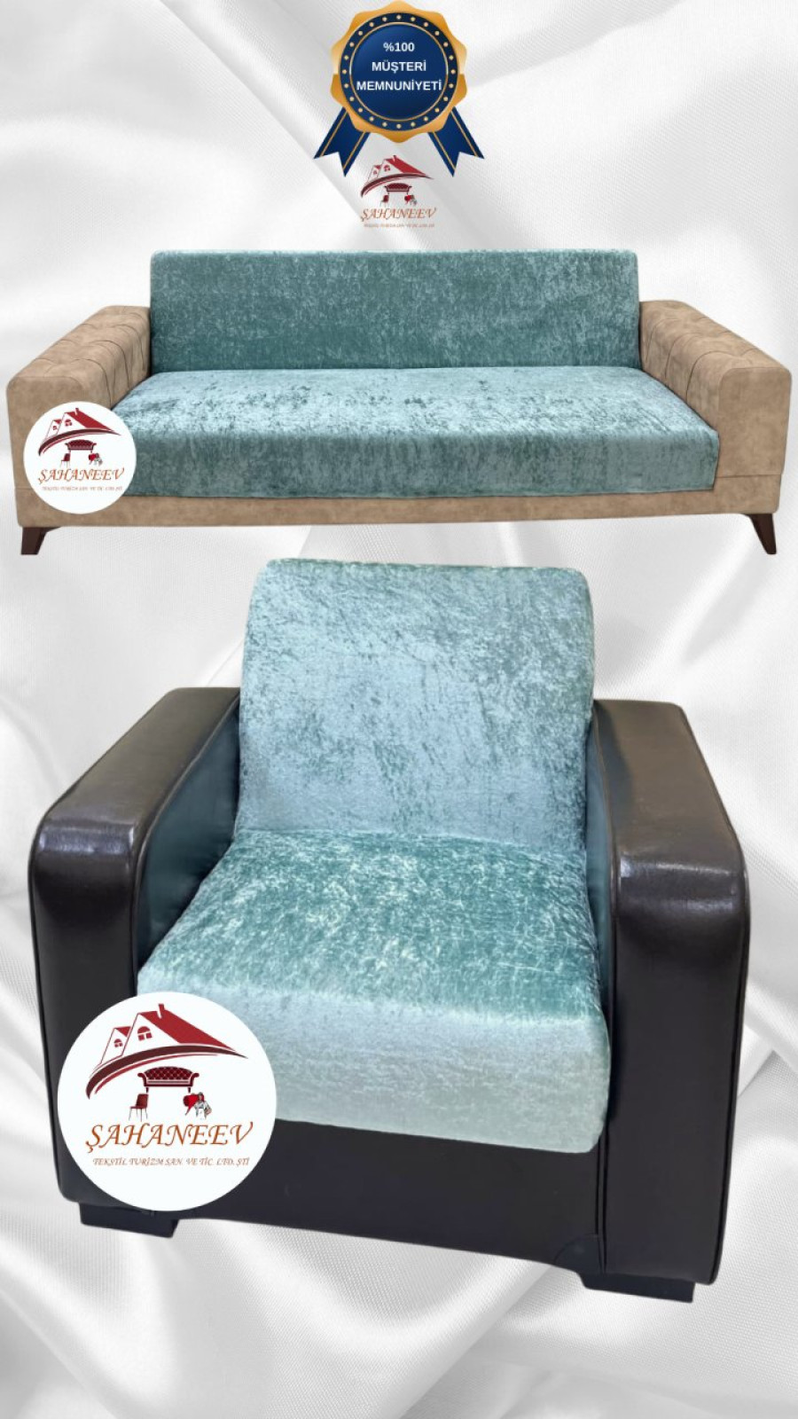 Parlak Kadife Kolsuz Koltuk Örtüsü - Işıltılı Geometrik Desenli Koruyucu Mint Renk 3+1 (2 Parça Set)