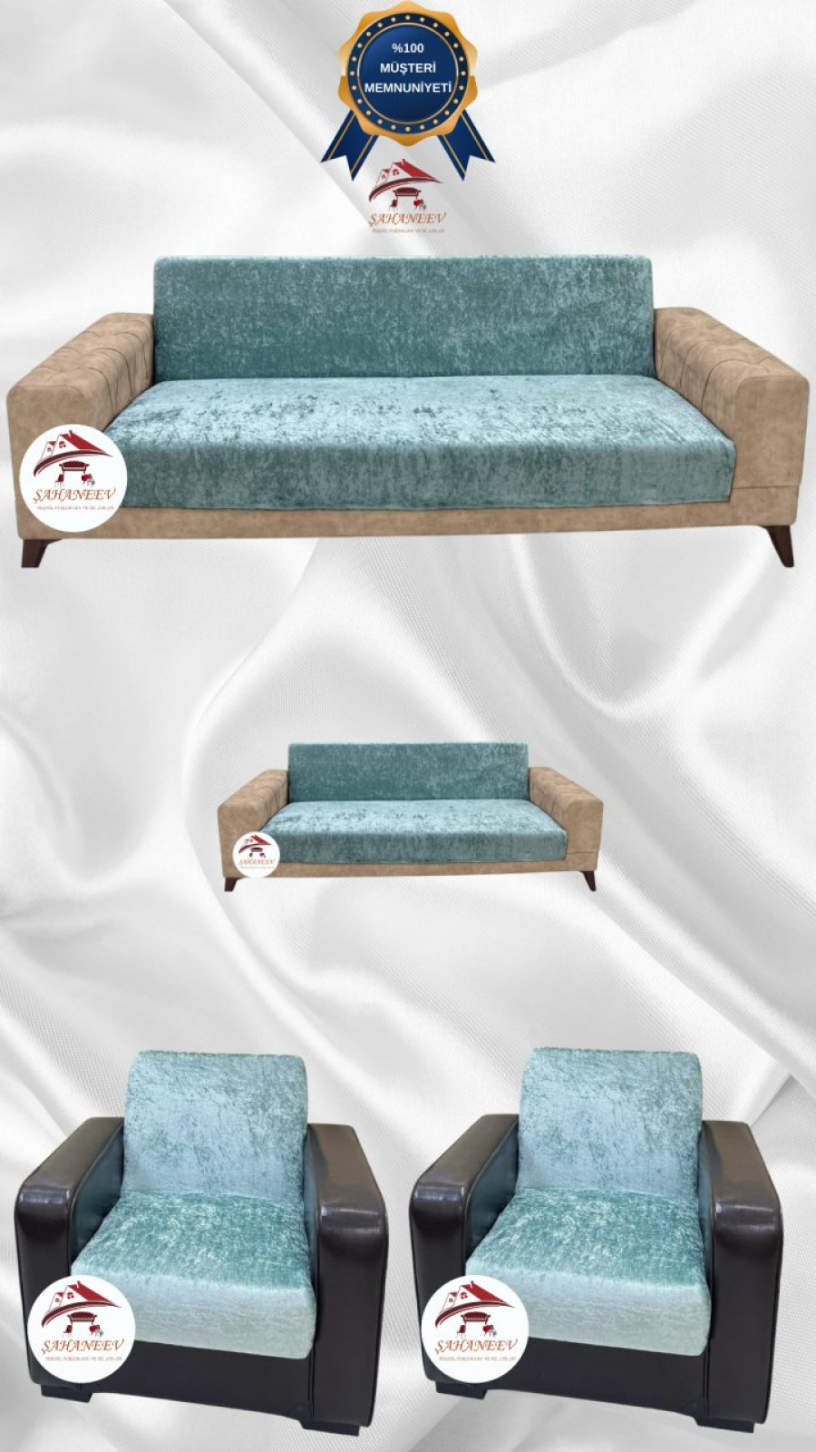 Parlak Kadife Kolsuz Koltuk Örtüsü - Işıltılı Geometrik Desenli Koruyucu Mint Renk 3+2+1+1 (4 Parça Set) Özel Ölçü