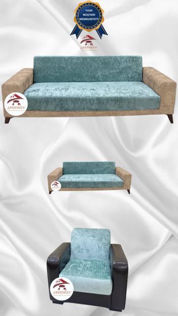 Parlak Kadife Kolsuz Koltuk Örtüsü - Işıltılı Geometrik Desenli Koruyucu Mint Renk 3+2+1 (3 Parça Set)