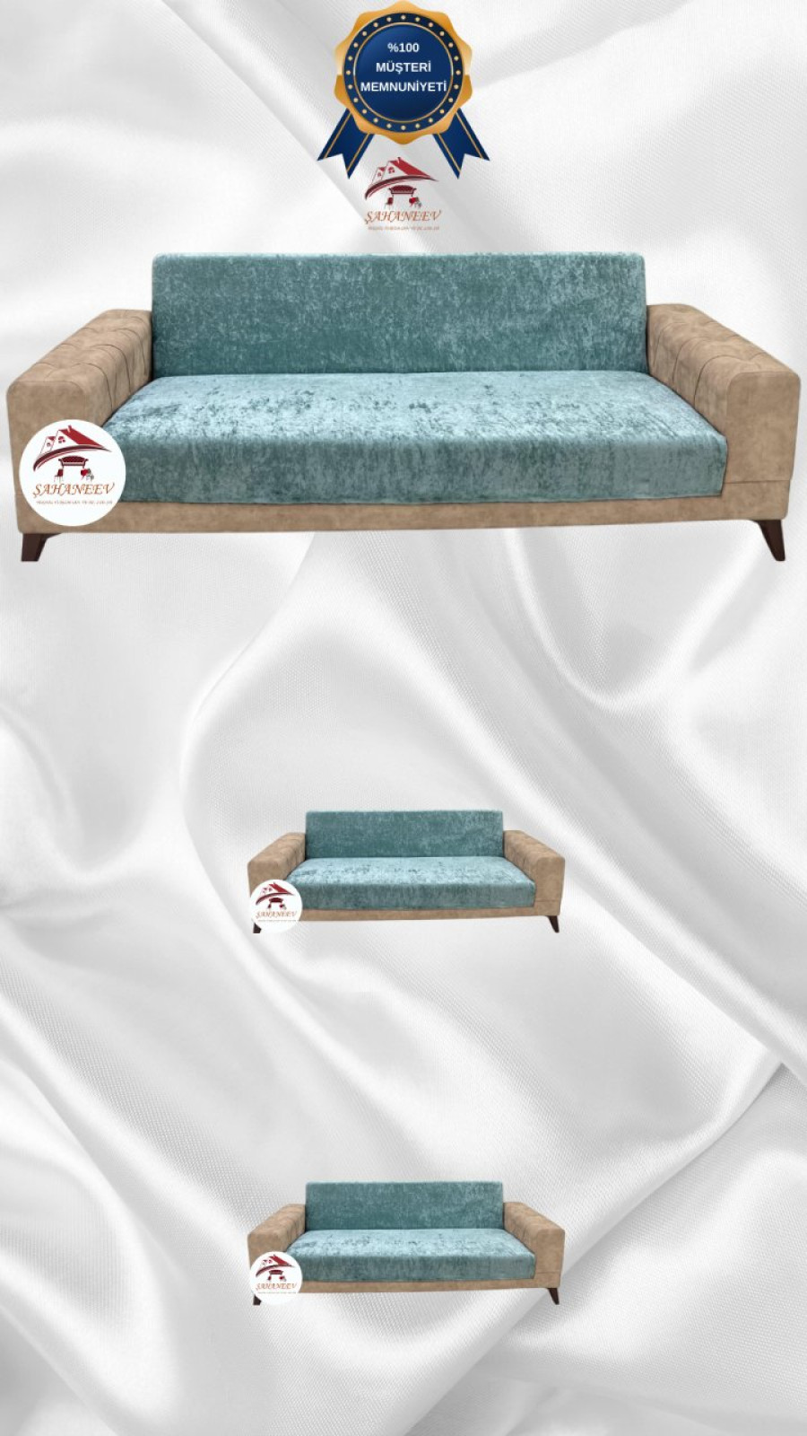 Parlak Kadife Kolsuz Koltuk Örtüsü - Işıltılı Geometrik Desenli Koruyucu Mint Renk 3+2+2 (3 Parça Set) Özel Ölçü