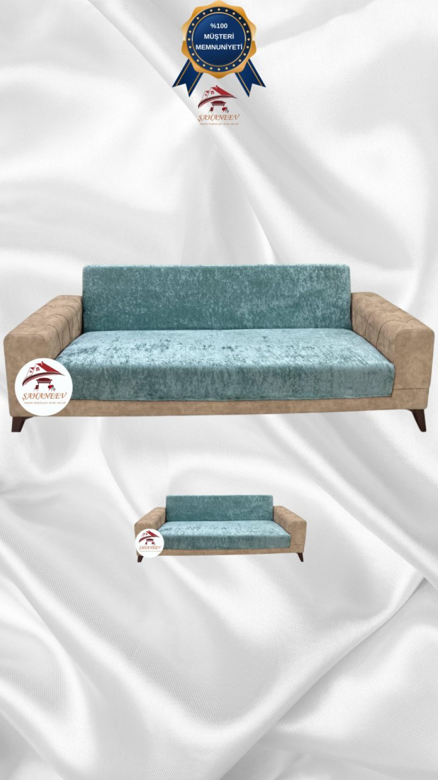 Parlak Kadife Kolsuz Koltuk Örtüsü - Işıltılı Geometrik Desenli Koruyucu Mint Renk 3+2 (2 Parça Set)