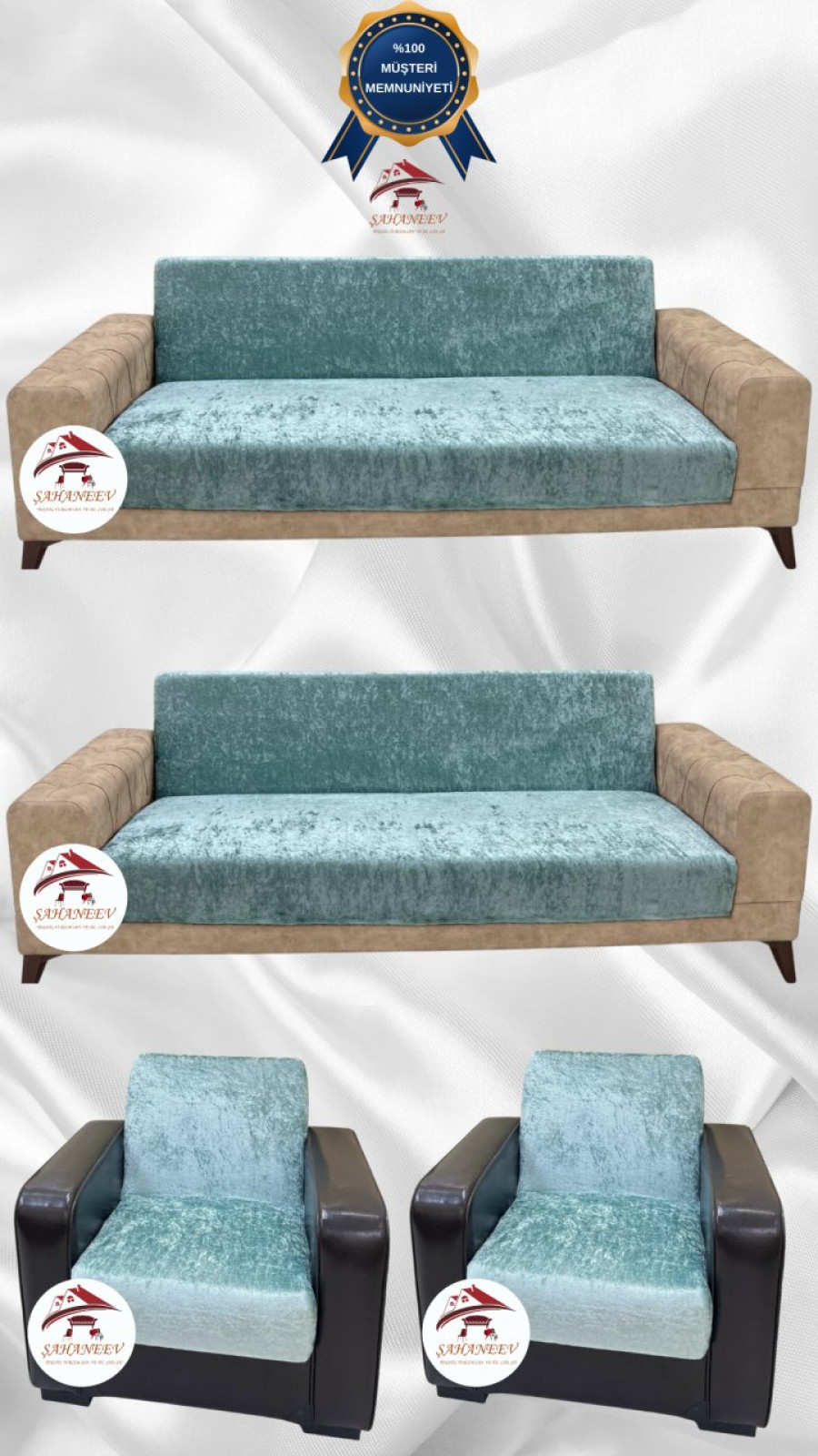 Parlak Kadife Kolsuz Koltuk Örtüsü - Işıltılı Geometrik Desenli Koruyucu Mint Renk 3+3+1+1 (4 Parça Set) Özel Ölçü