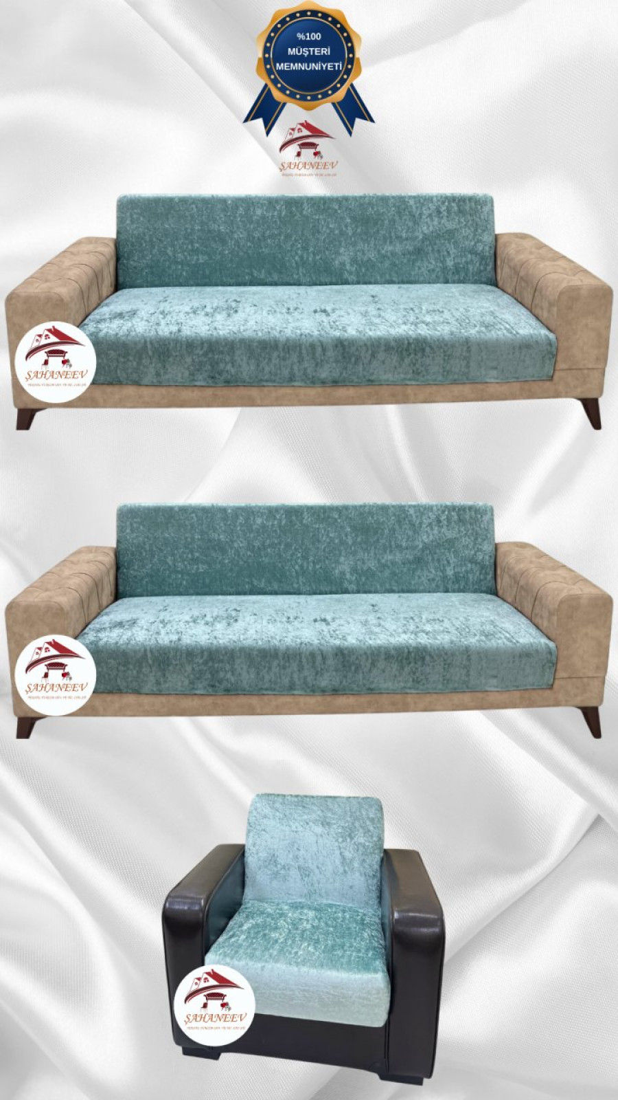 Parlak Kadife Kolsuz Koltuk Örtüsü - Işıltılı Geometrik Desenli Koruyucu Mint Renk 3+3+1 (3 Parça Set)