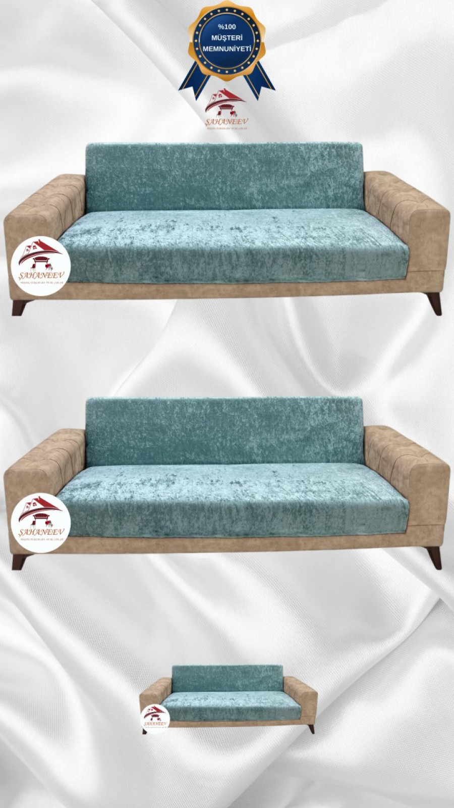 Parlak Kadife Kolsuz Koltuk Örtüsü - Işıltılı Geometrik Desenli Koruyucu Mint Renk 3+3+2 (3 Parça Set) Özel Ölçü