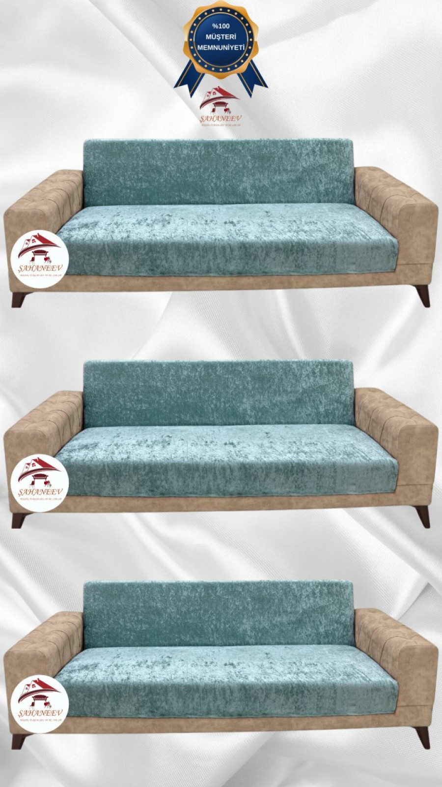 Shiny Velvet Armless Sofa Cover - Sparkly Geometric Pattern Protector Mint Color 3+3+3 (3 Piece Set)