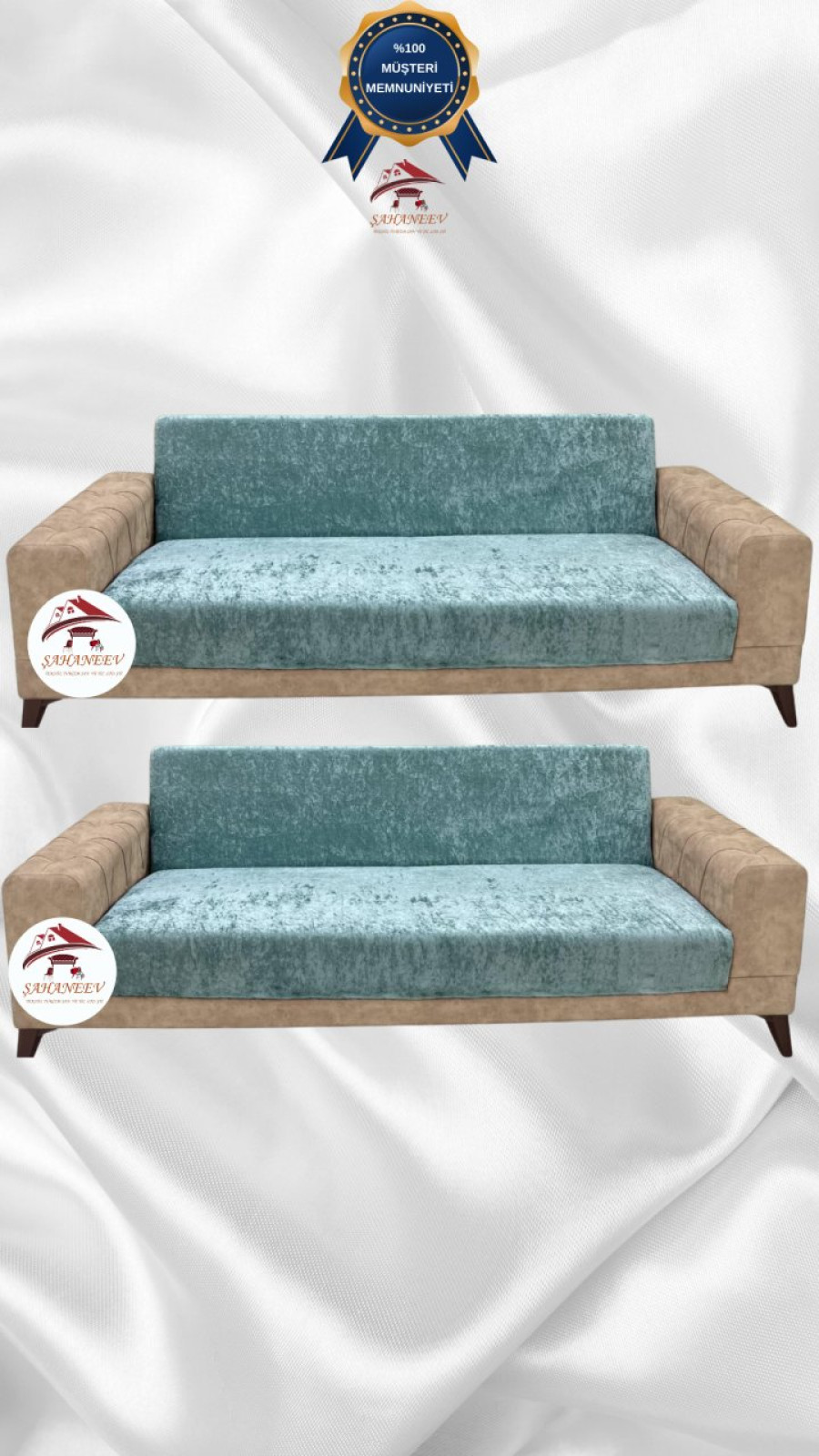 Parlak Kadife Kolsuz Koltuk Örtüsü - Işıltılı Geometrik Desenli Koruyucu Mint Renk 3+3 (2 Parça Set)