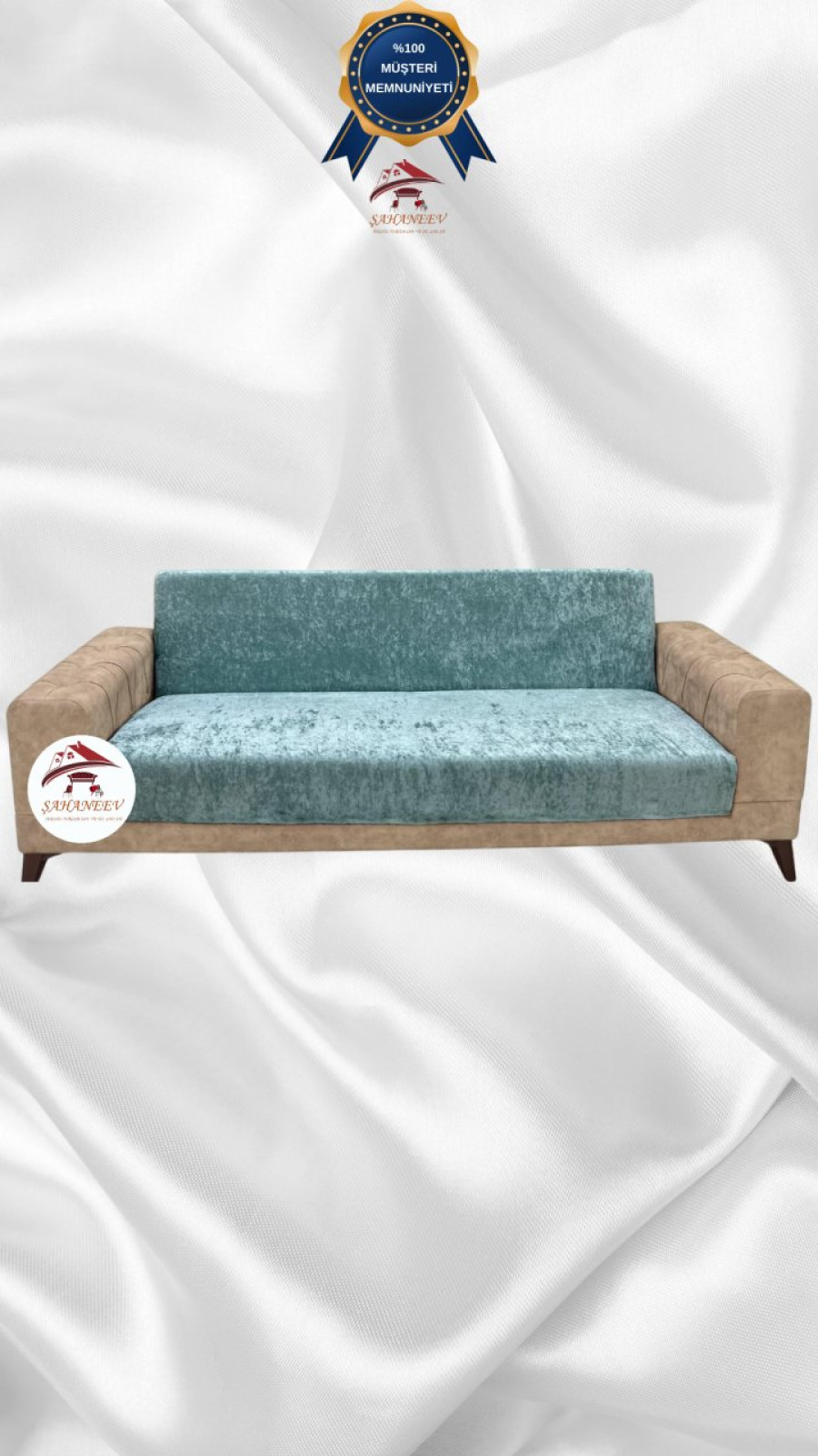 Parlak Kadife Kolsuz Koltuk Örtüsü - Işıltılı Geometrik Desenli Koruyucu Mint Renk 3'lü Set (1 Parça)