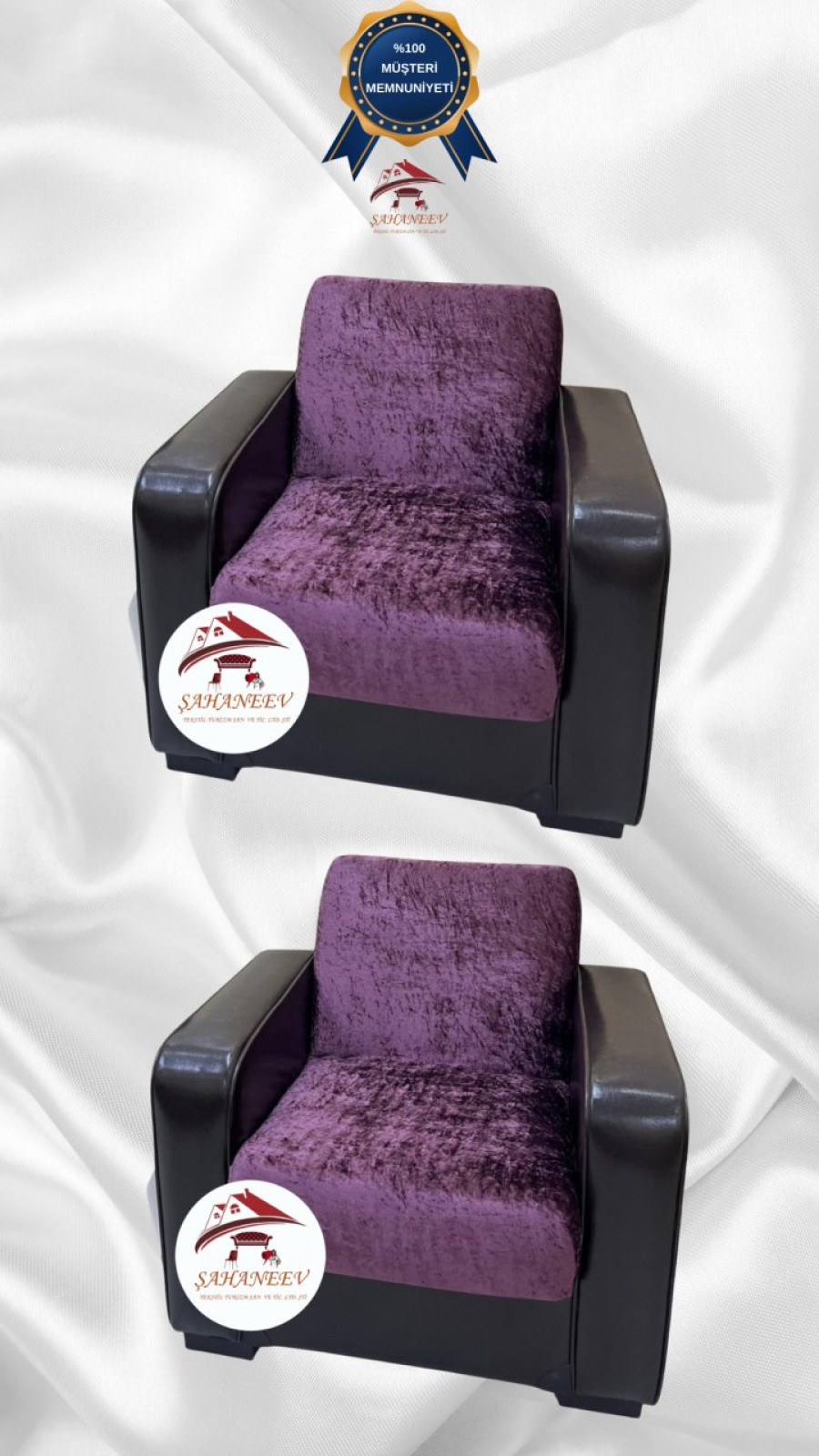 Parlak Kadife Kolsuz Koltuk Örtüsü - Işıltılı Geometrik Desenli Koruyucu Mürdüm Renk 1+1 (2 Parça Set)