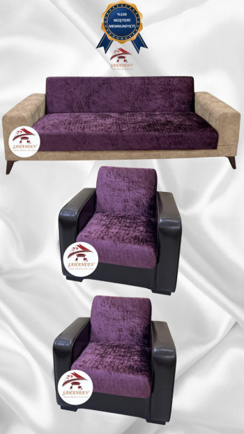 Parlak Kadife Kolsuz Koltuk Örtüsü - Işıltılı Geometrik Desenli Koruyucu Mürdüm Renk 3+1+1 (3 Parça Set)