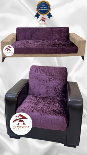 Parlak Kadife Kolsuz Koltuk Örtüsü - Işıltılı Geometrik Desenli Koruyucu Mürdüm Renk 3+1 (2 Parça Set)