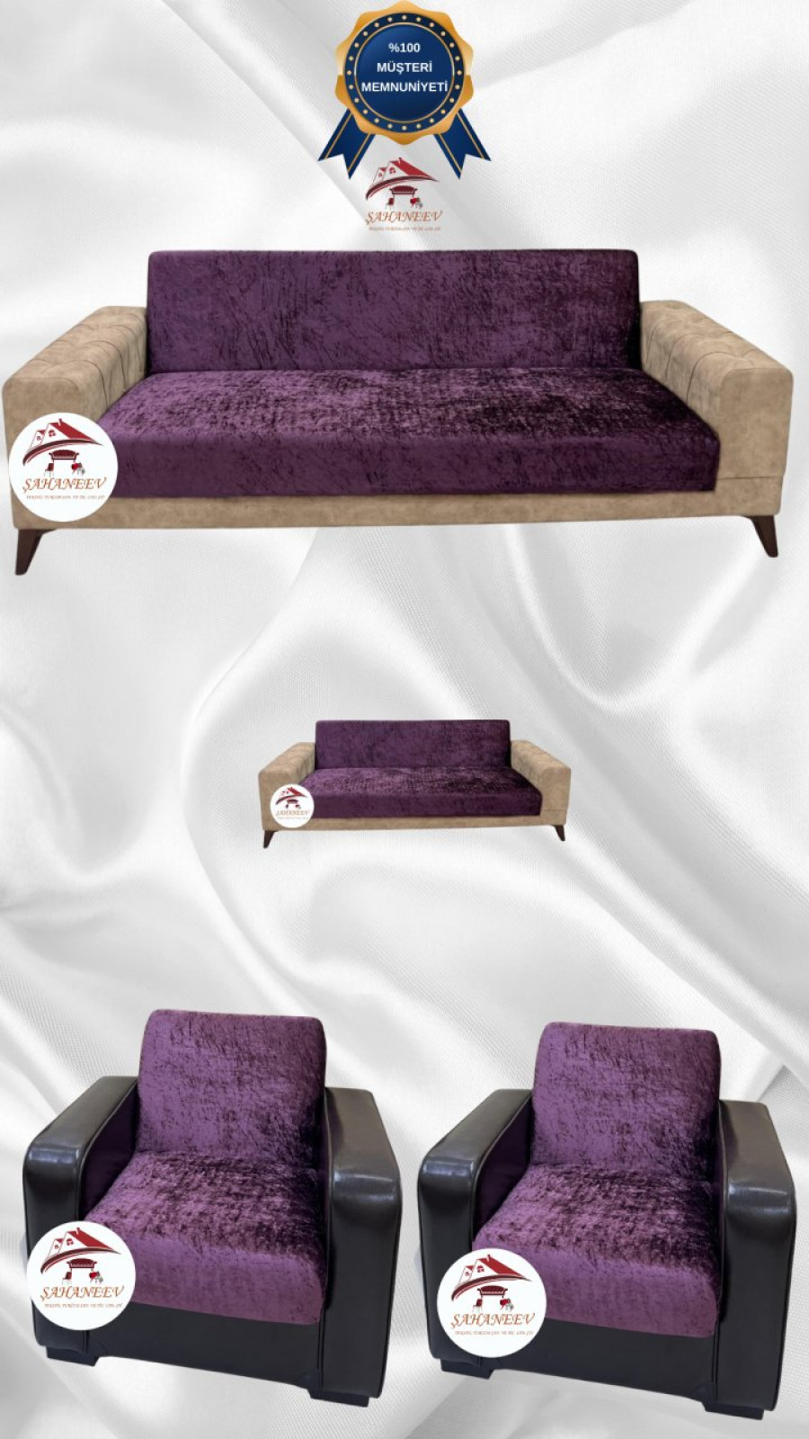 Parlak Kadife Kolsuz Koltuk Örtüsü - Işıltılı Geometrik Desenli Koruyucu Mürdüm Renk 3+2+1+1 (4 Parça Set) Özel Ölçü