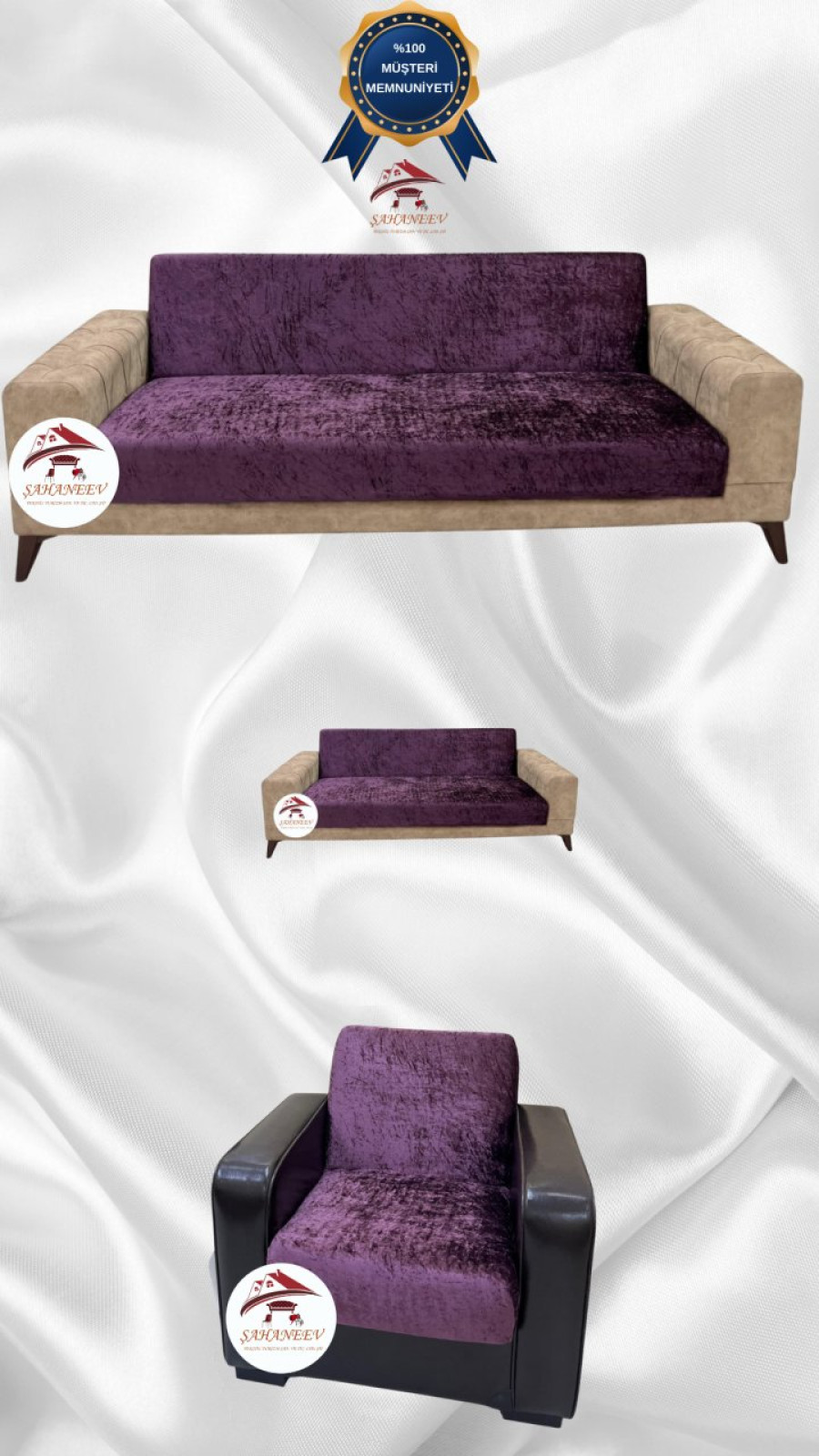 Parlak Kadife Kolsuz Koltuk Örtüsü - Işıltılı Geometrik Desenli Koruyucu Mürdüm Renk 3+2+1 (3 Parça Set)