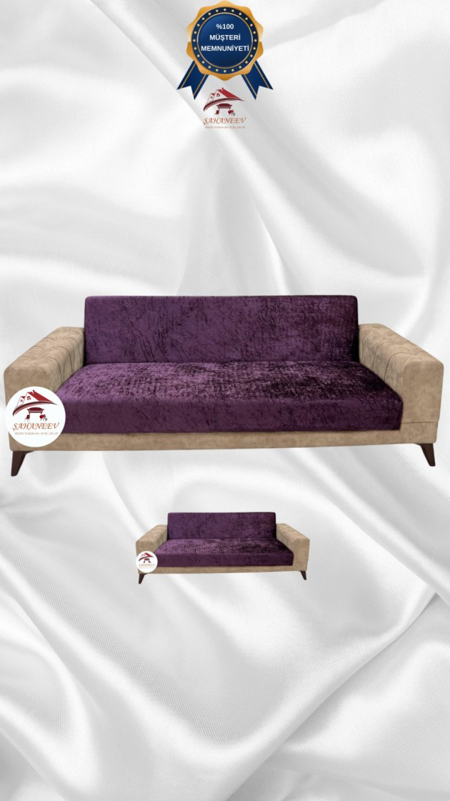 Parlak Kadife Kolsuz Koltuk Örtüsü - Işıltılı Geometrik Desenli Koruyucu Mürdüm Renk 3+2 (2 Parça Set) Özel Ölçü