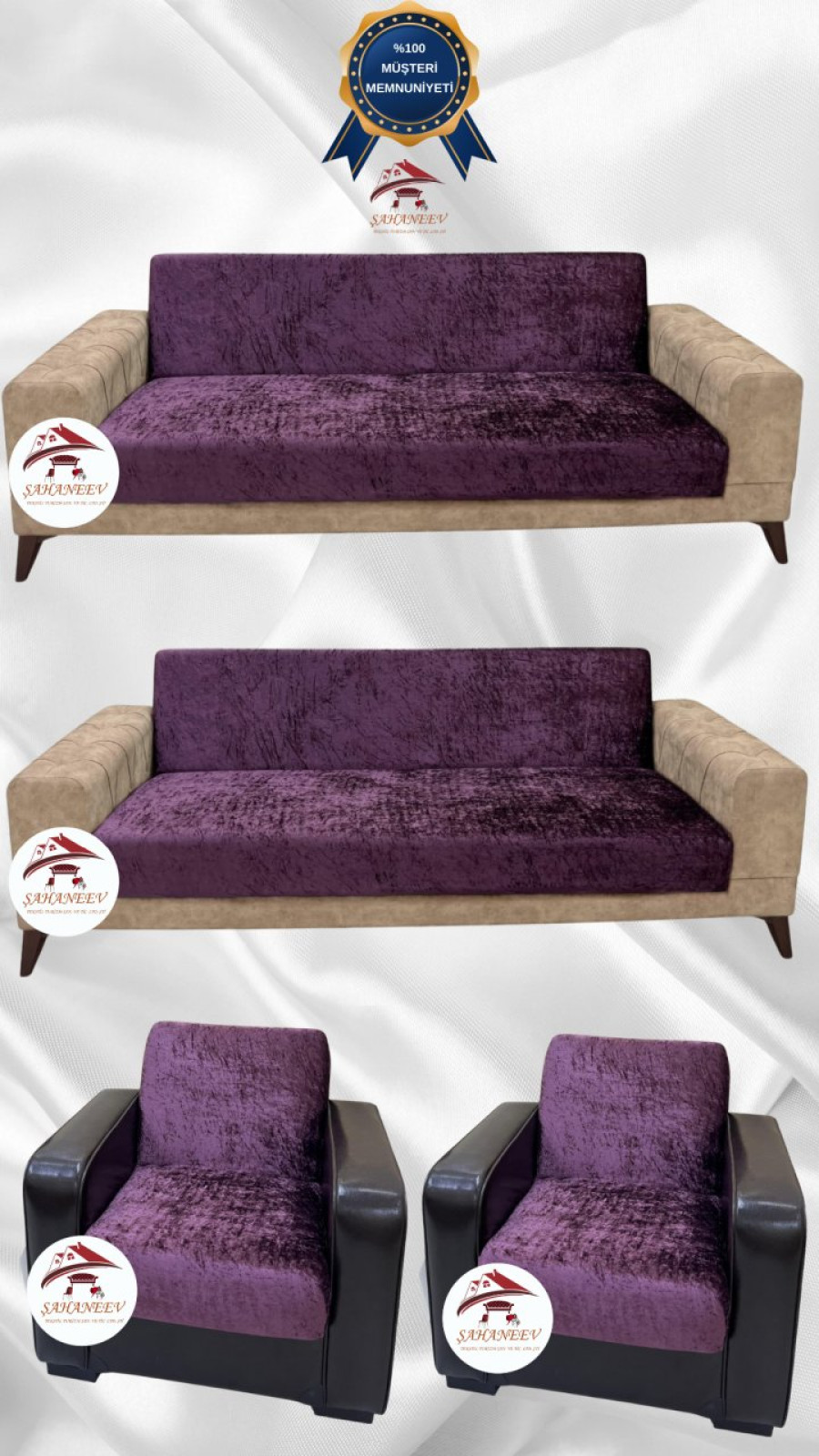 Parlak Kadife Kolsuz Koltuk Örtüsü - Işıltılı Geometrik Desenli Koruyucu Mürdüm Renk 3+3+1+1 (4 Parça Set) Özel Ölçü