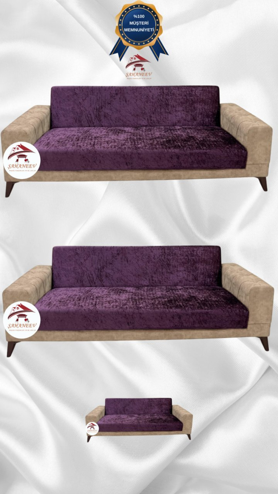 Parlak Kadife Kolsuz Koltuk Örtüsü - Işıltılı Geometrik Desenli Koruyucu Mürdüm Renk 3+3+2 (3 Parça Set)