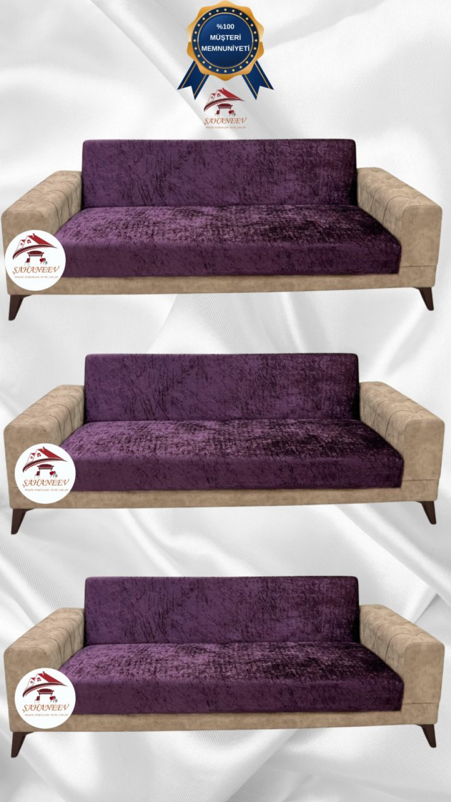 Parlak Kadife Kolsuz Koltuk Örtüsü - Işıltılı Geometrik Desenli Koruyucu Mürdüm Renk 3+3+3 (3 Parça Set)