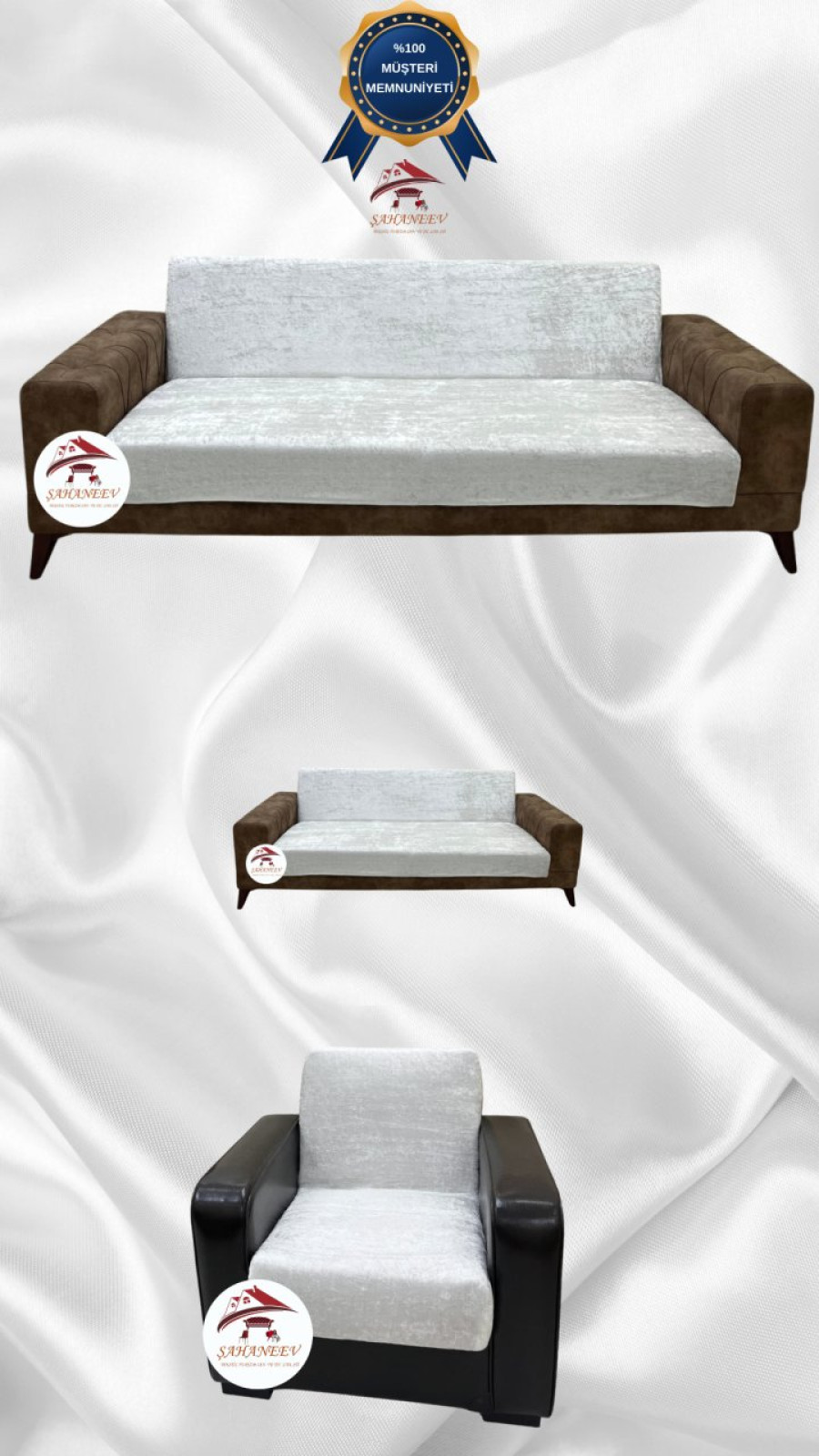 Parlak Kadife Kolsuz Koltuk Örtüsü - Işıltılı Geometrik Desenli Koruyucu Natural Renk 3+2+1 (3 Parça Set)