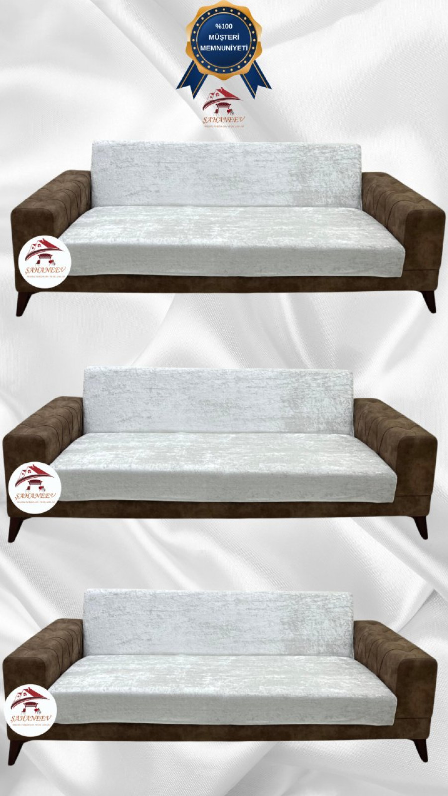 Parlak Kadife Kolsuz Koltuk Örtüsü - Işıltılı Geometrik Desenli Koruyucu Natural Renk 3+3+3 (3 Parça Set)