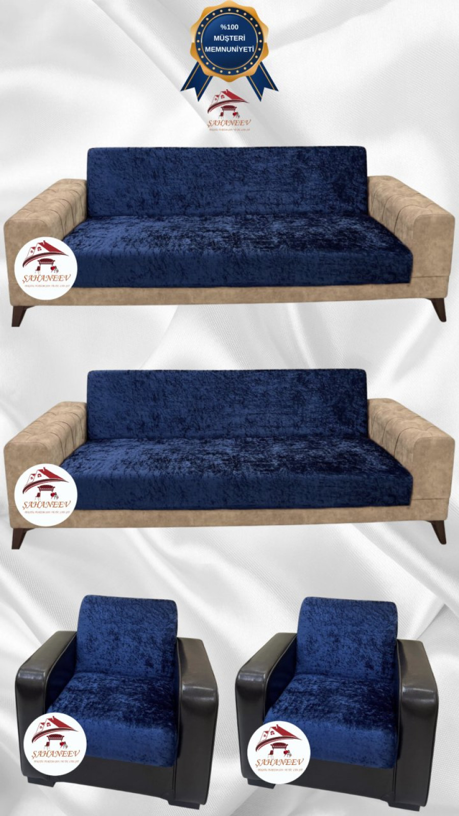 Parlak Kadife Kolsuz Koltuk Örtüsü - Işıltılı Geometrik Desenli Koruyucu Parlament Renk 3+3+1+1 (4 Parça Set) Özel Ölçü