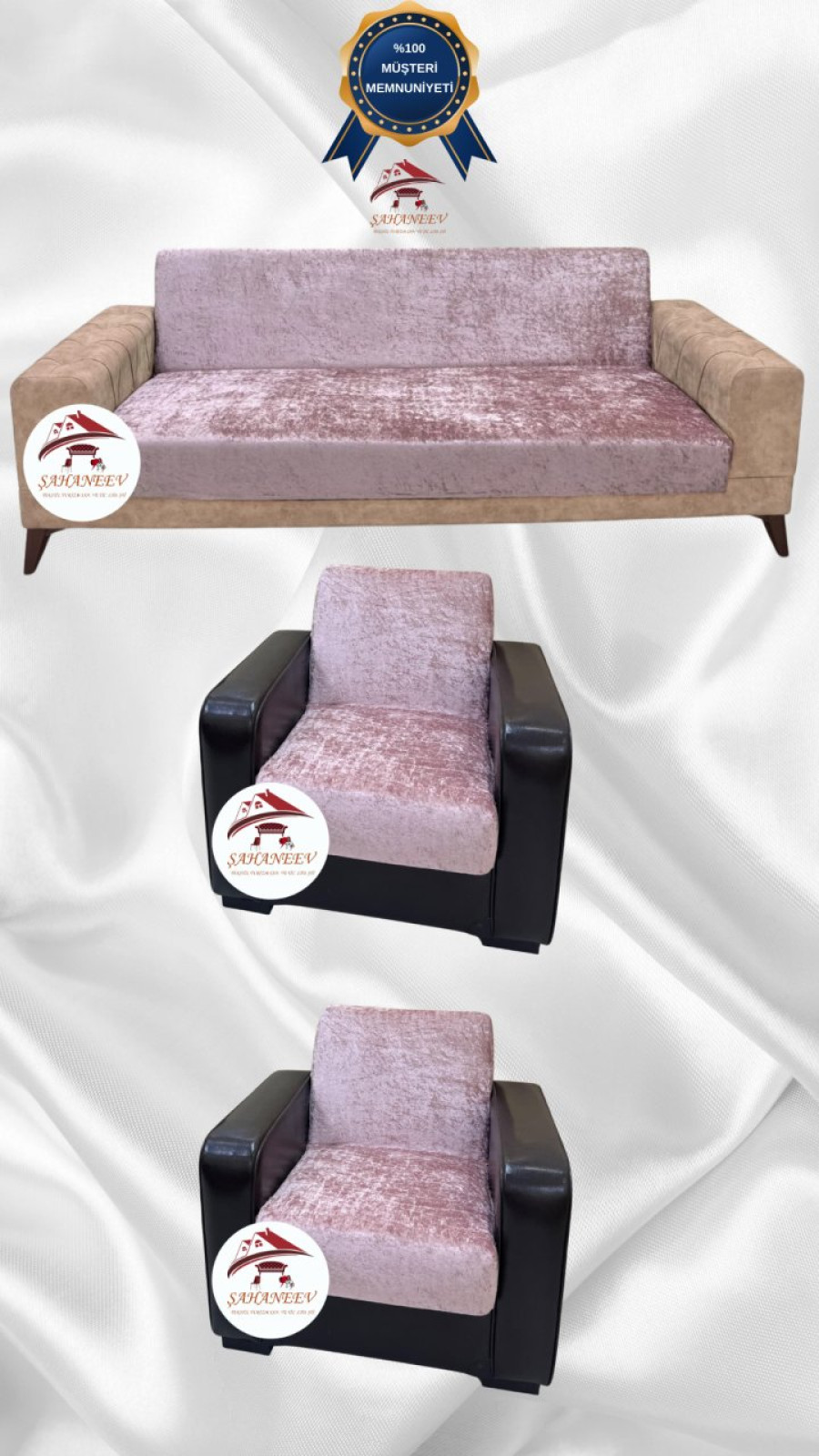Parlak Kadife Kolsuz Koltuk Örtüsü - Işıltılı Geometrik Desenli Koruyucu Pudra Renk 3+1+1 (3 Parça Set) Özel Ölçü