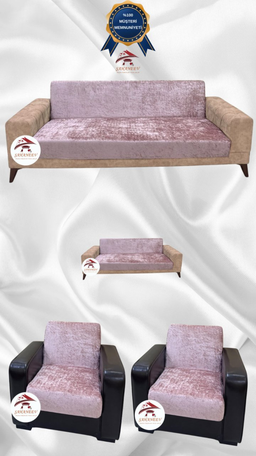 Parlak Kadife Kolsuz Koltuk Örtüsü - Işıltılı Geometrik Desenli Koruyucu Pudra Renk 3+2+1+1 (4 Parça Set) Özel Ölçü